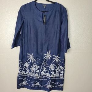 NWT Talbots Navy Linen Embroidered Shift Dress S